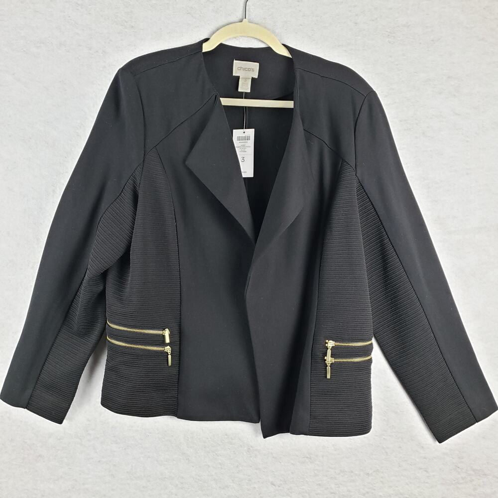 Chicos Women's XL Open Front Ponte Blazer Jacket Black Office Modern Zip Pockets